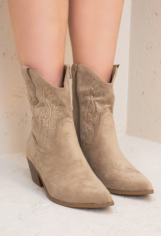 Taupe Embroidered Ankle Cowboy Boots