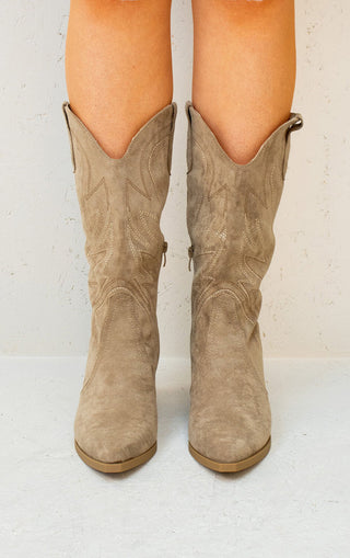 Taupe Embroidered Faux Suede Mid-Calf Cowboy Boots