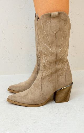 Taupe Embroidered Faux Suede Mid-Calf Cowboy Boots