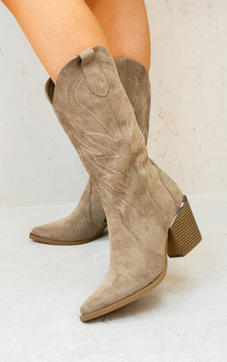 Taupe Embroidered Faux Suede Mid-Calf Cowboy Boots