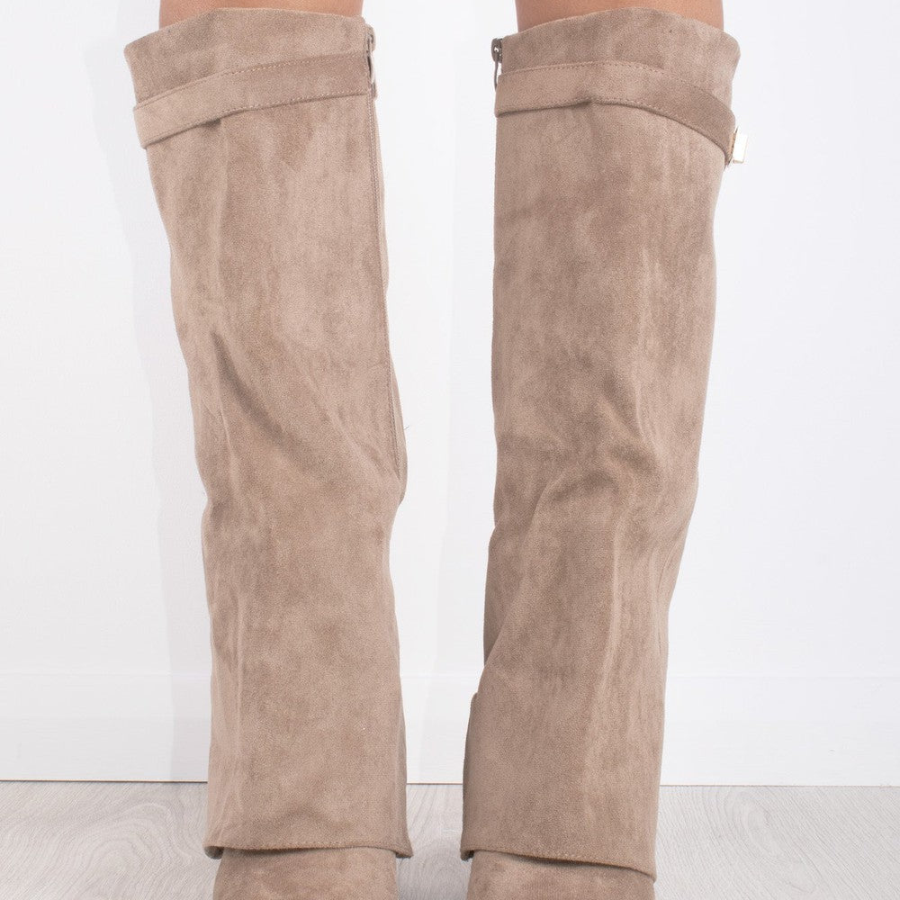 Women's Taupe Faux Suede Fold Over Shark Classic Buckle Knee High Boot ...