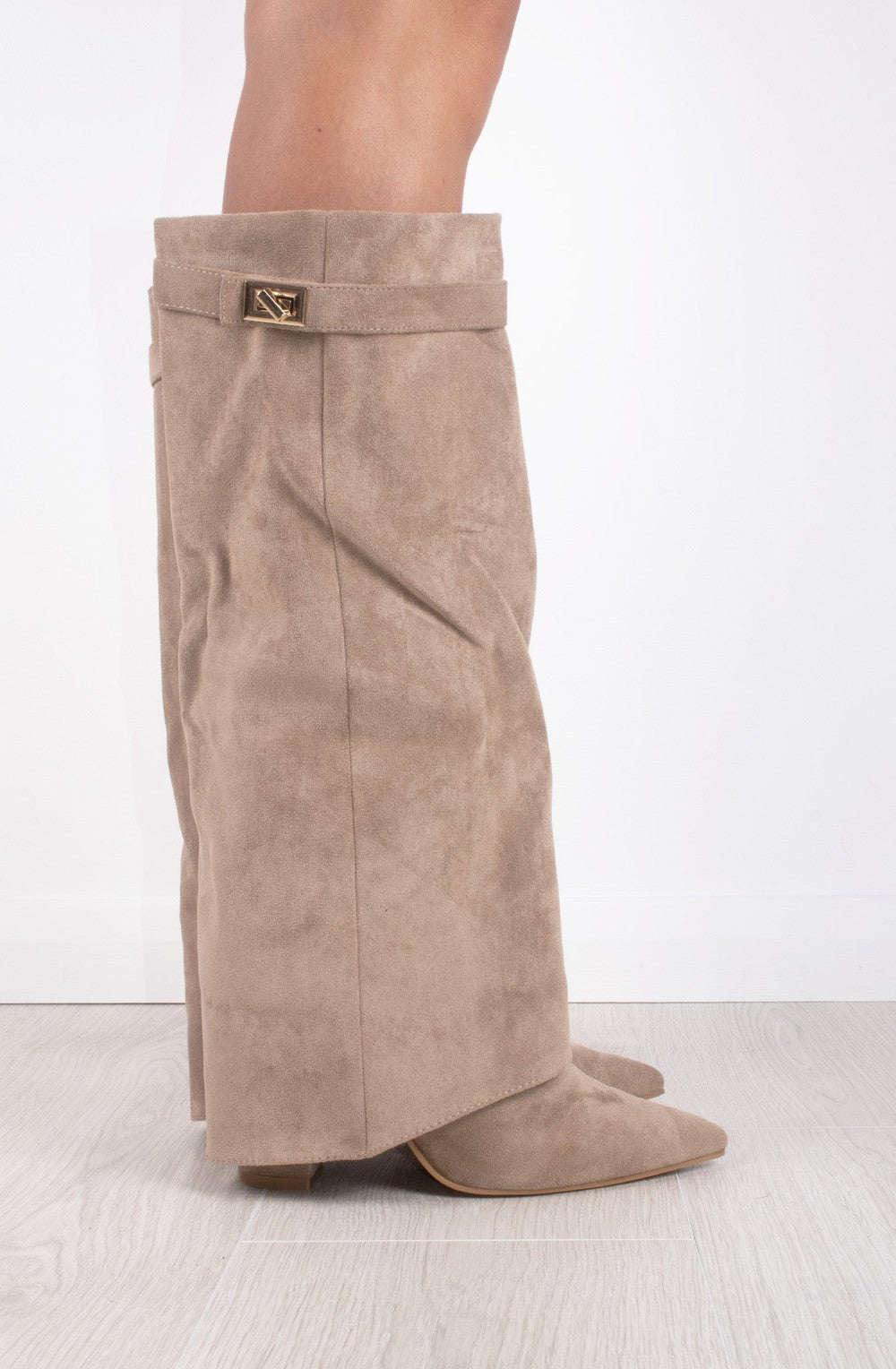 Women's Taupe Faux Suede Fold Over Shark Classic Buckle Knee High Boot ...