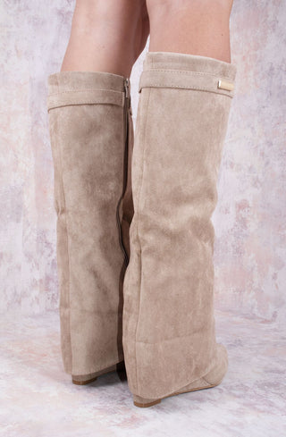 Taupe Faux Suede Fold Over Shark Classic Wedge Heel Buckle Knee High Boot