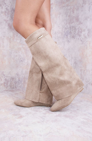 Taupe Faux Suede Fold Over Shark Classic Wedge Heel Buckle Knee High Boot