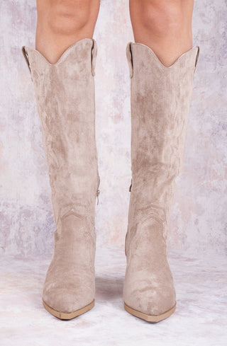 Taupe Faux Suede Knee High Block Heel Cowboy Boots