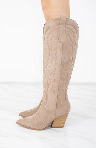 Taupe Faux Suede Knee High Block Heel Cowboy Boots