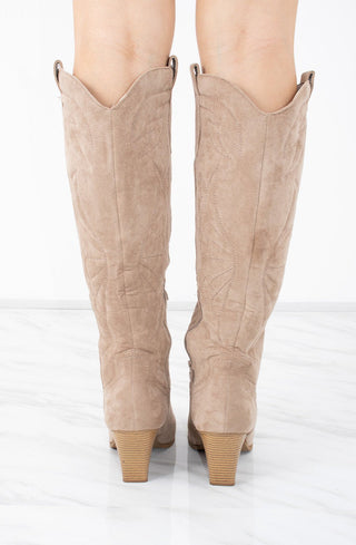 Taupe Faux Suede Knee High Block Heel Cowboy Boots