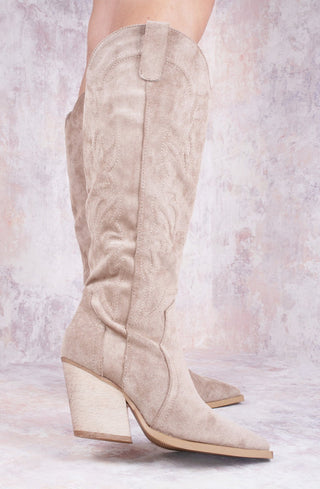 Taupe Faux Suede Knee High Block Heel Cowboy Boots