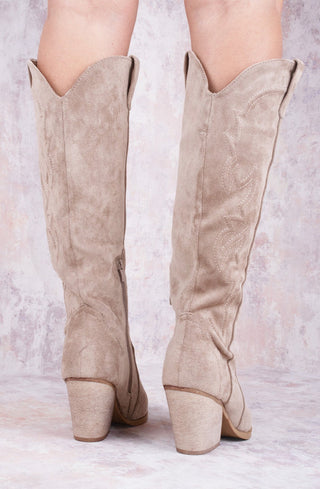 Taupe Faux Suede Knee High Block Heel Cowboy Boots