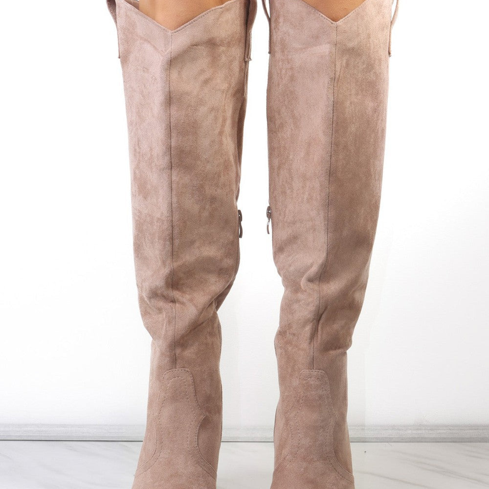 
                      
                        Taupe Faux Suede Knee High Toe Cap Cowboy Boot
                      
                    