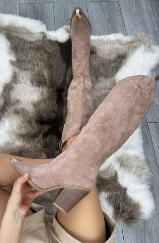 Taupe Faux Suede Knee High Toe Cap Cowboy Boot