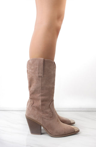 Taupe Faux Suede Mid Length Toe Cap Cowboy Boot