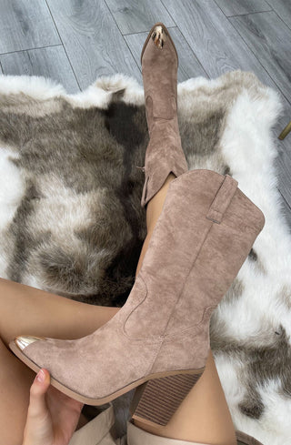 Taupe Faux Suede Mid Length Toe Cap Cowboy Boot