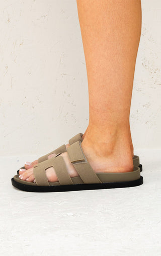 Taupe Gladiator Faux Suede Velcro Strap Flat Sandals