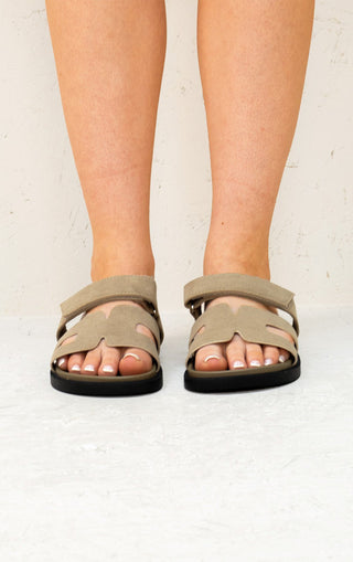 Taupe Gladiator Faux Suede Velcro Strap Flat Sandals