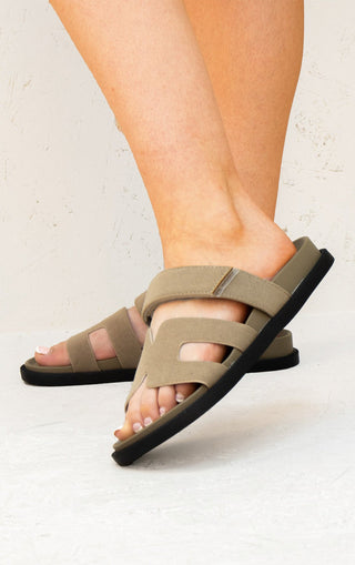 Taupe Gladiator Faux Suede Velcro Strap Flat Sandals