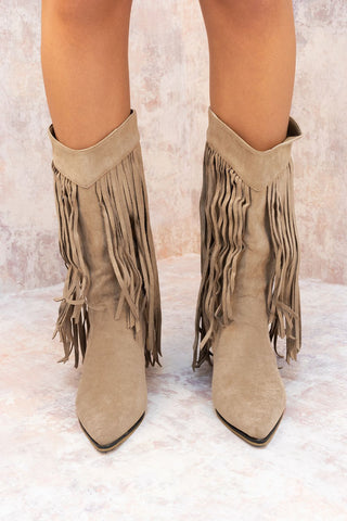 Taupe Mid Calf Length Western Faux Suede Fringe Cowboy Boot