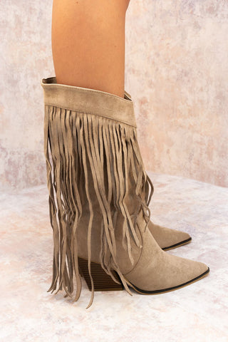 Taupe Mid Calf Length Western Faux Suede Fringe Cowboy Boot