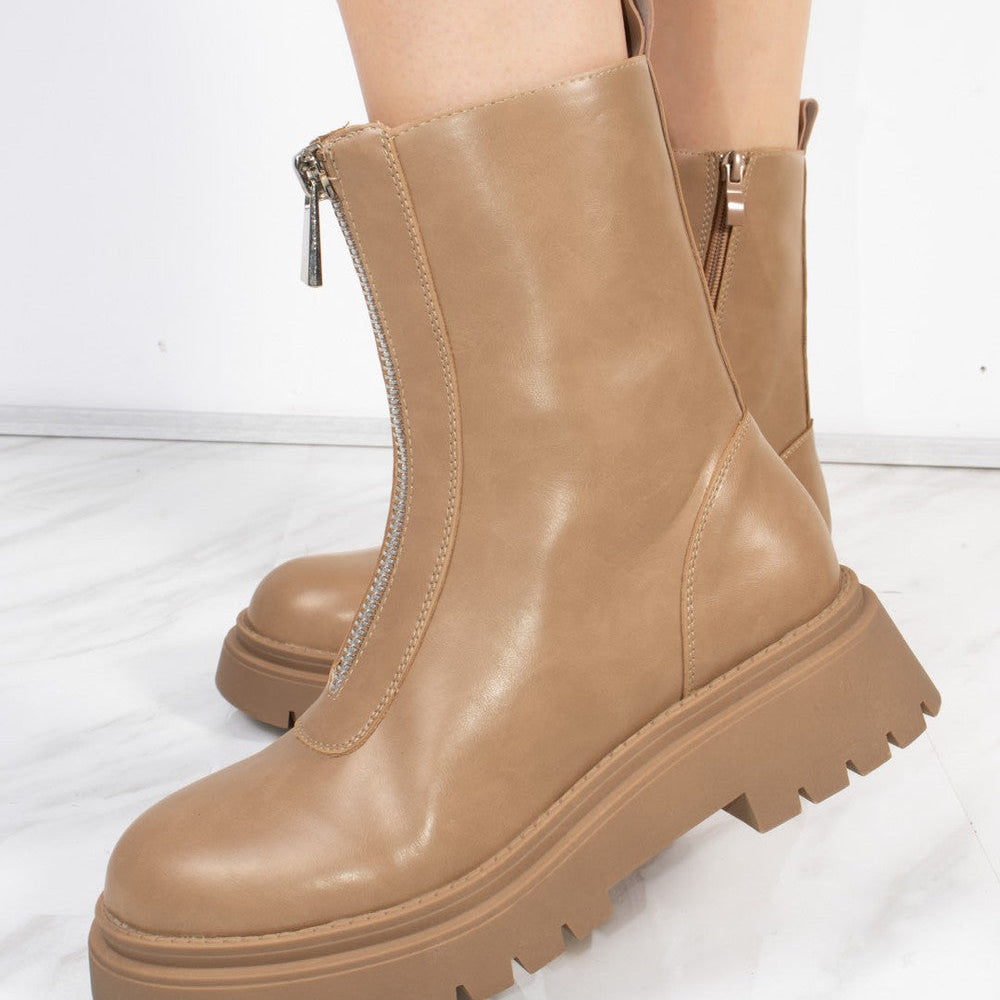 
                      
                        Taupe PU Double Cleated Sole Zip Front Ankle Boots
                      
                    