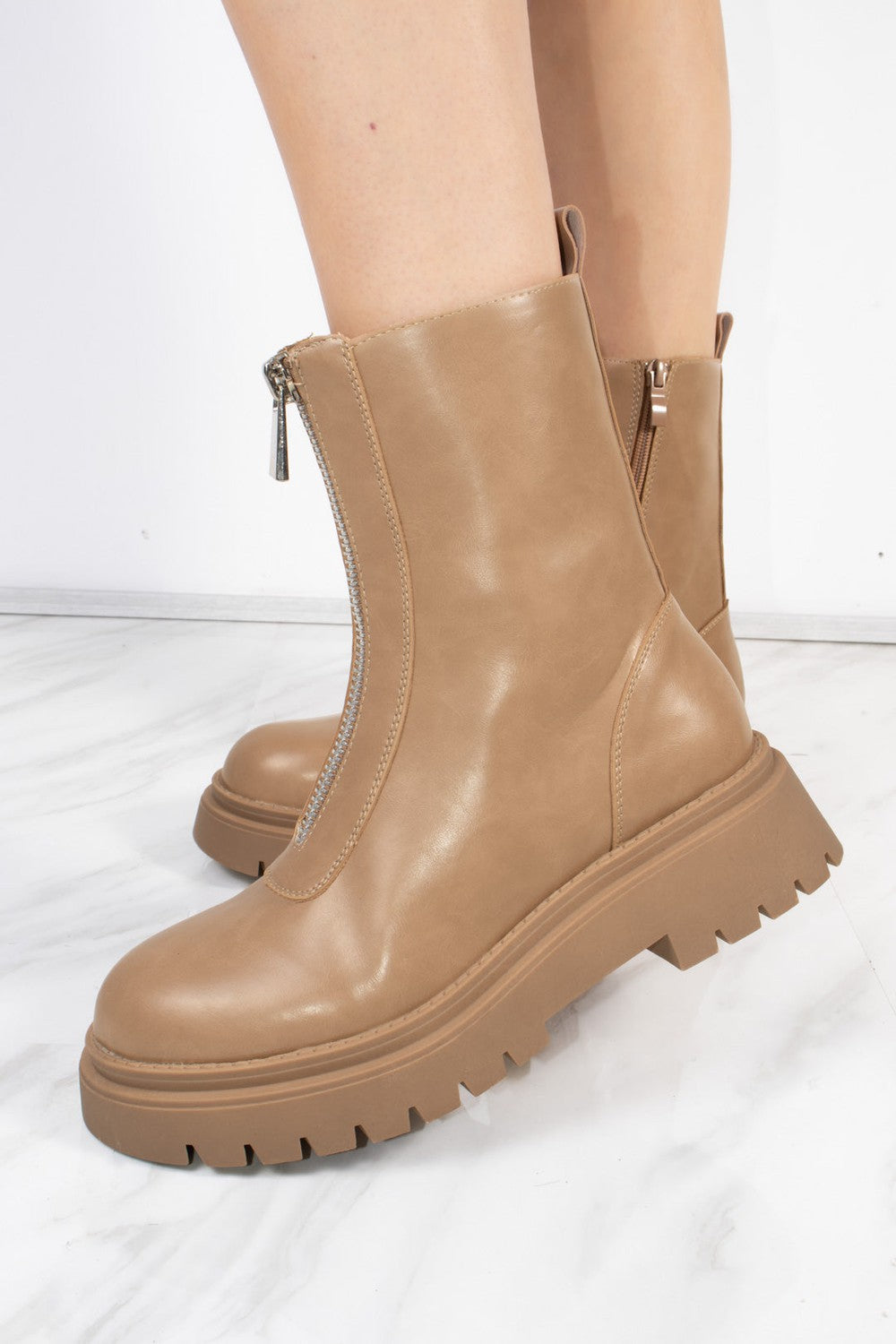 Taupe PU Double Cleated Sole Zip Front Ankle Boots