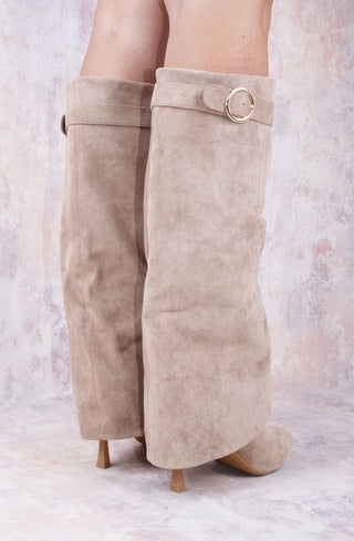 Taupe Stiletto Faux Suede Fold Over Shark Classic Buckle Knee High Boot