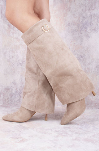 Taupe Stiletto Faux Suede Fold Over Shark Classic Buckle Knee High Boot