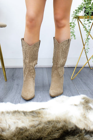 Taupe Suede Embroidered Cowboy Mid Calf Length Boots