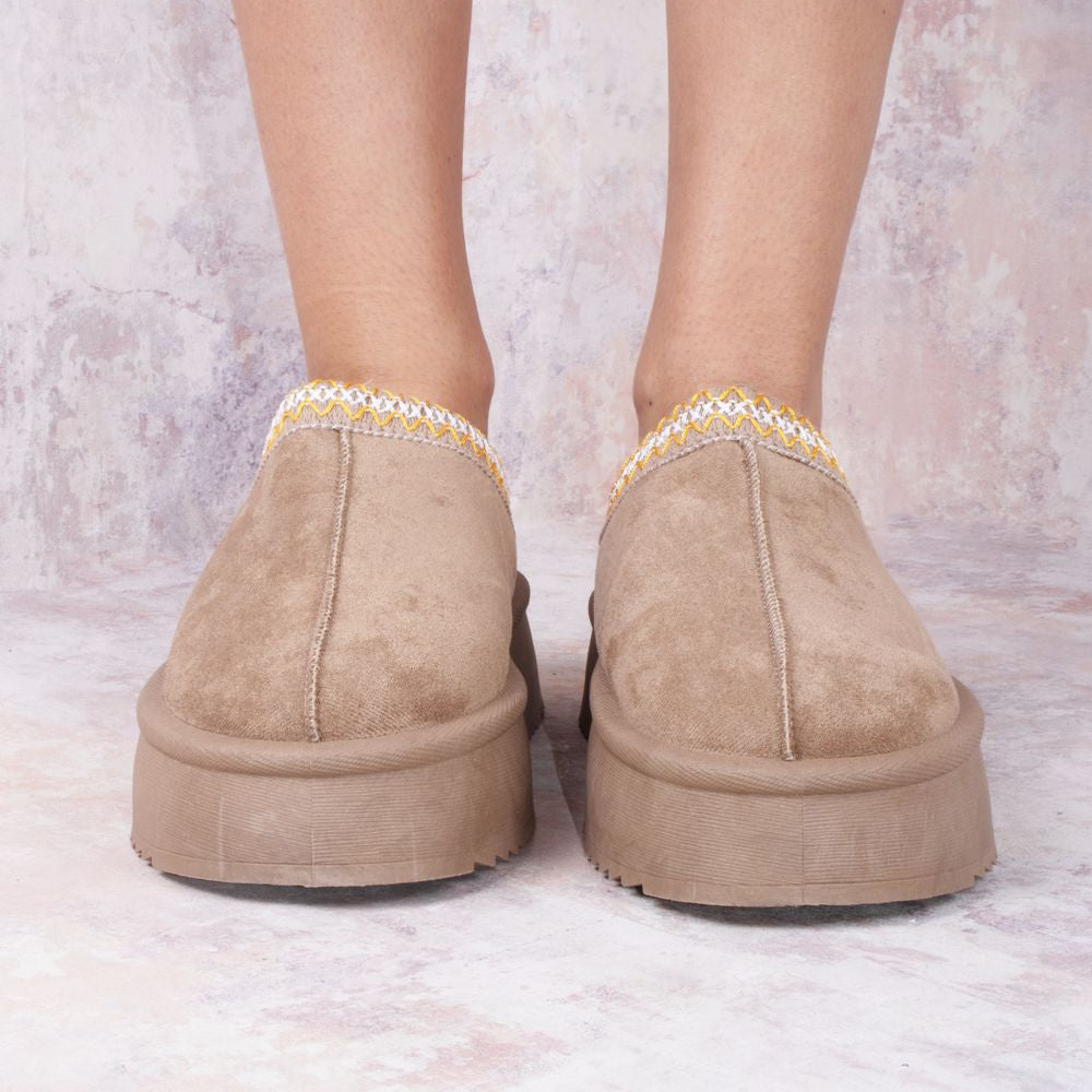 
                      
                        Taupe Tazmin Aztec Detail Faux Fur Lining Platform Faux Suede Slipper
                      
                    