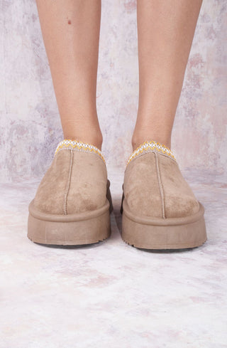 Taupe Tazmin Aztec Detail Faux Fur Lining Platform Faux Suede Slipper