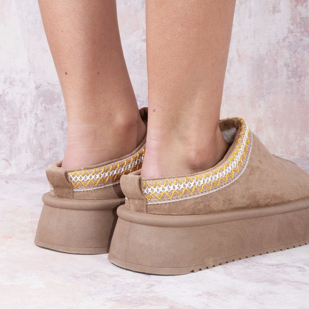 
                      
                        Taupe Tazmin Aztec Detail Faux Fur Lining Platform Faux Suede Slipper
                      
                    