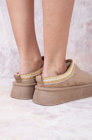 Taupe Tazmin Aztec Detail Faux Fur Lining Platform Faux Suede Slipper