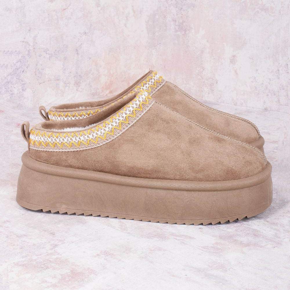 
                      
                        Taupe Tazmin Aztec Detail Faux Fur Lining Platform Faux Suede Slipper
                      
                    