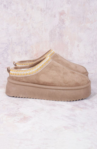 Taupe Tazmin Aztec Detail Faux Fur Lining Platform Faux Suede Slipper