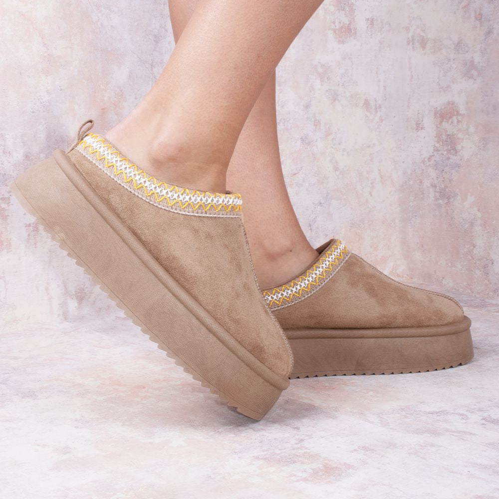 Taupe Tazmin Aztec Detail Faux Fur Lining Platform Faux Suede Slipper