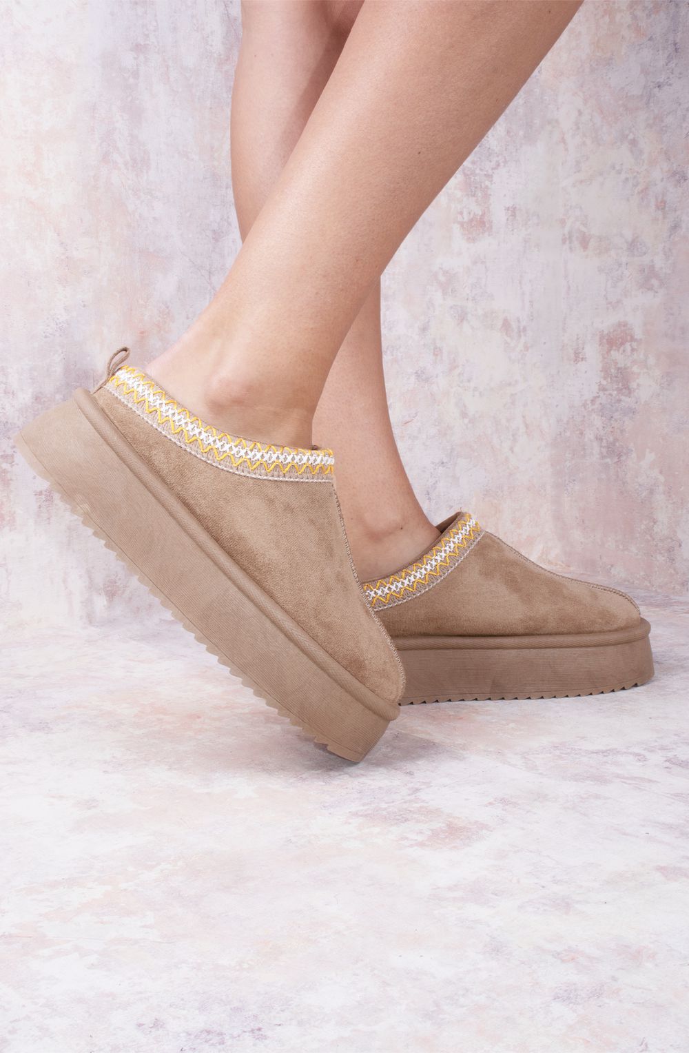 Taupe Tazmin Aztec Detail Faux Fur Lining Platform Faux Suede Slipper