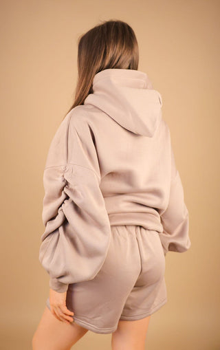 Taupe Tracksuit Ruched Hoodie and Shorts Set