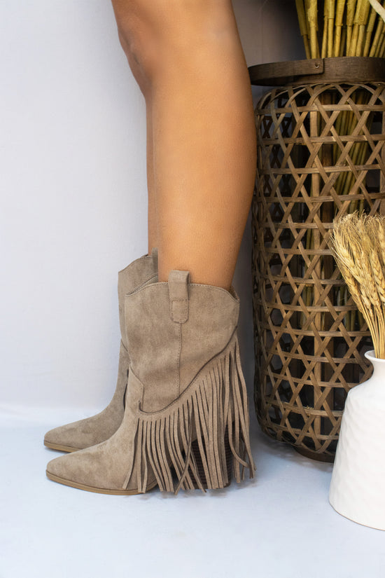 Dallas Taupe Mid Western Faux Suede Fringe Cowboy Boot