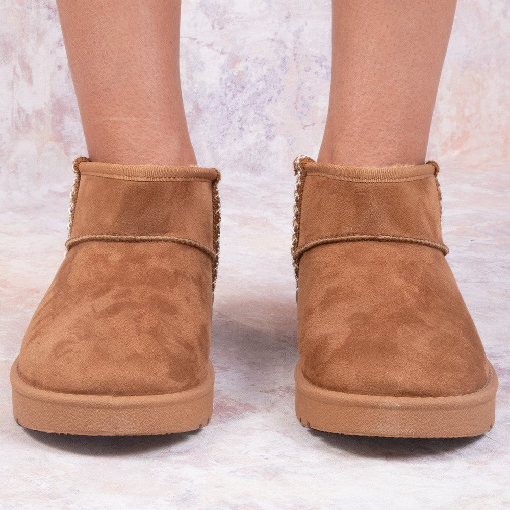 
                      
                        Tazmin Aztec Embroidery Detail In Vertical Faux Fur Slipper In Camel
                      
                    