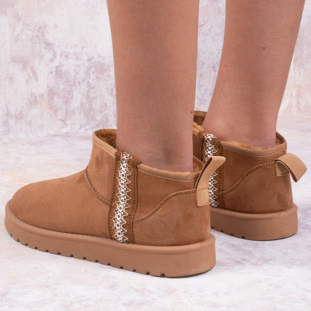 
                      
                        Tazmin Aztec Embroidery Detail In Vertical Faux Fur Slipper In Camel
                      
                    