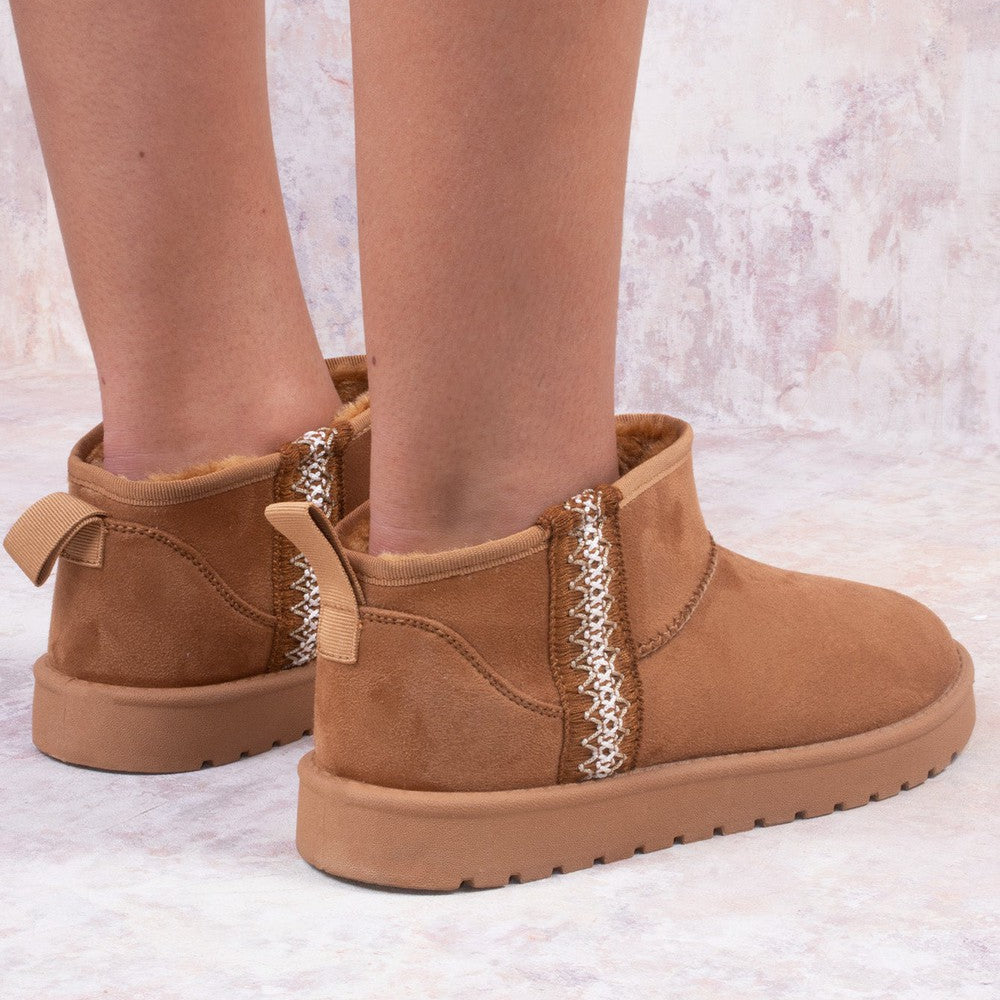 
                      
                        Tazmin Aztec Embroidery Detail In Vertical Faux Fur Slipper In Camel
                      
                    