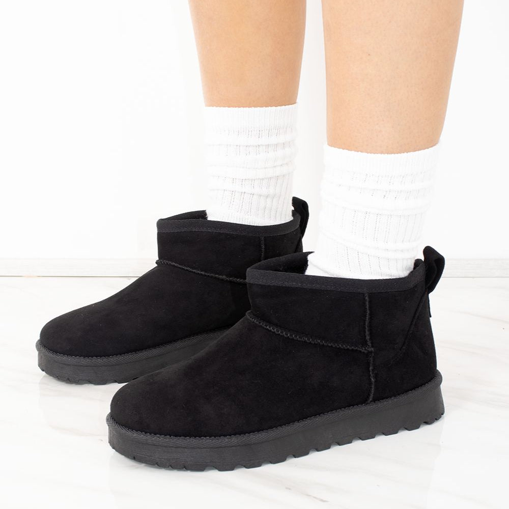 Ultra Mini Ankle Length Faux Fur Lining Boots In Black Faux Suede