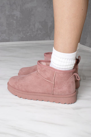 Ultra Mini Ankle Length Faux Fur Lining Cosy Boots In Pink Faux Suede