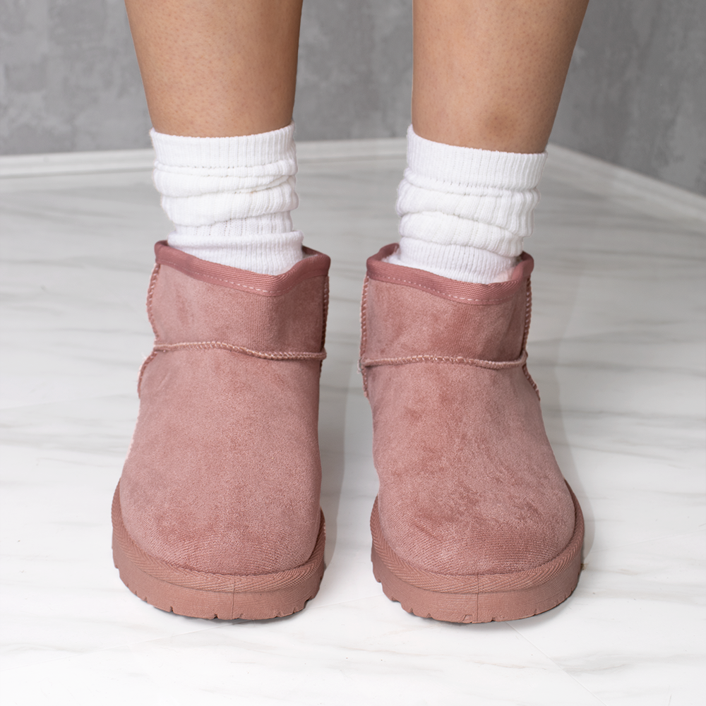 
                      
                        Ultra Mini Ankle Length Faux Fur Lining Cosy Boots In Pink Faux Suede
                      
                    