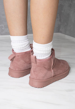 Ultra Mini Ankle Length Faux Fur Lining Cosy Boots In Pink Faux Suede