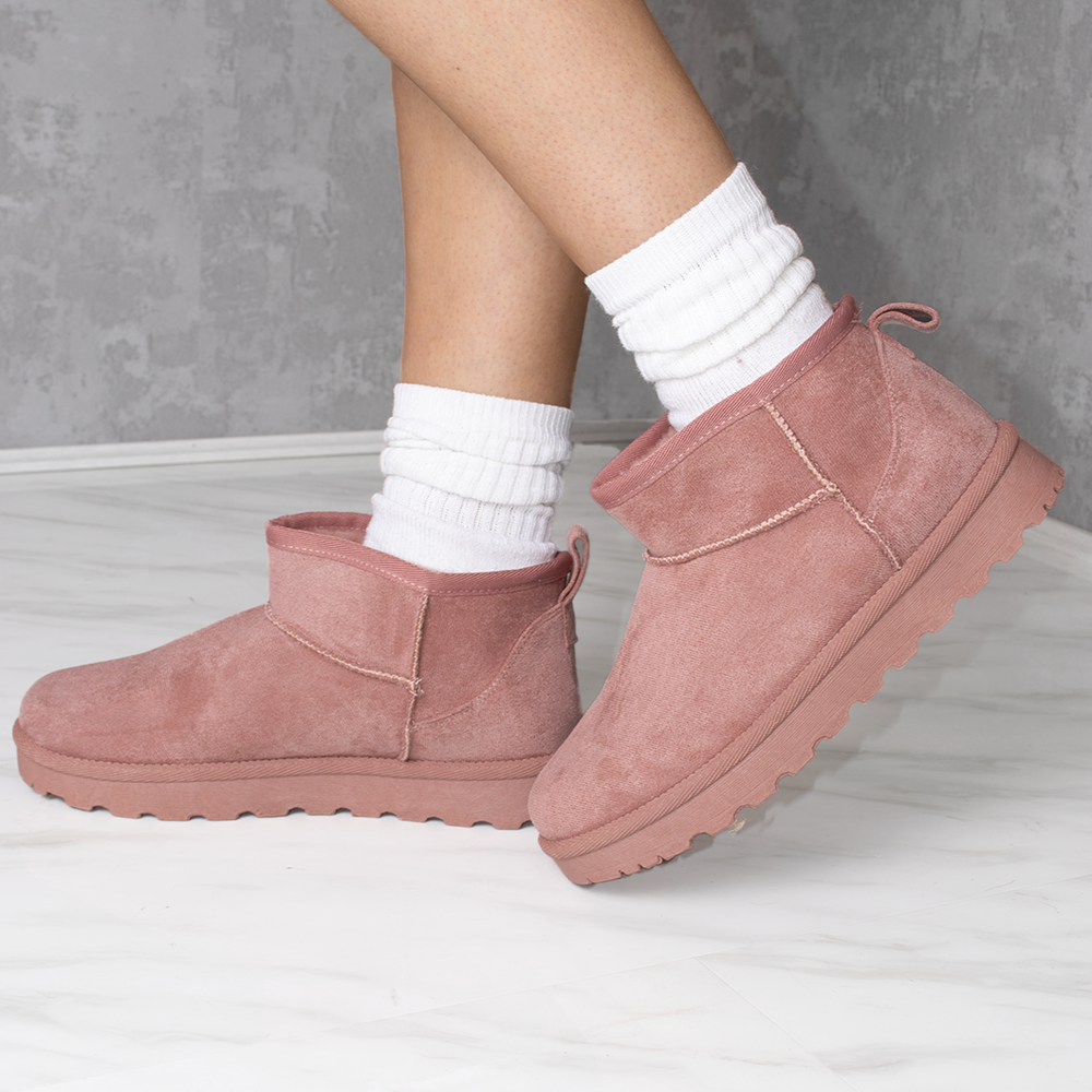 Ultra Mini Ankle Length Faux Fur Lining Cosy Boots In Pink Faux Suede