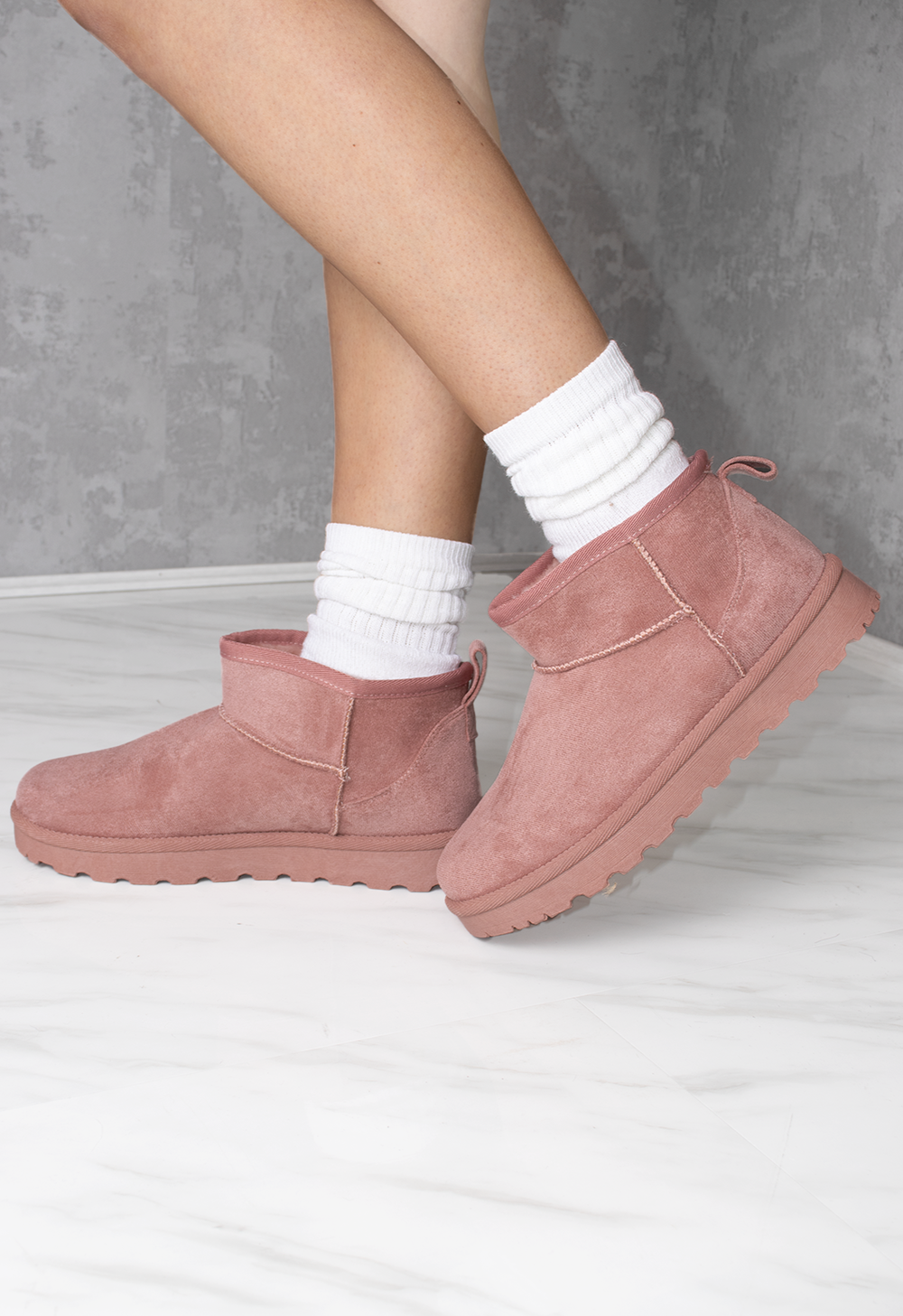 Ultra Mini Ankle Length Faux Fur Lining Cosy Boots In Pink Faux Suede