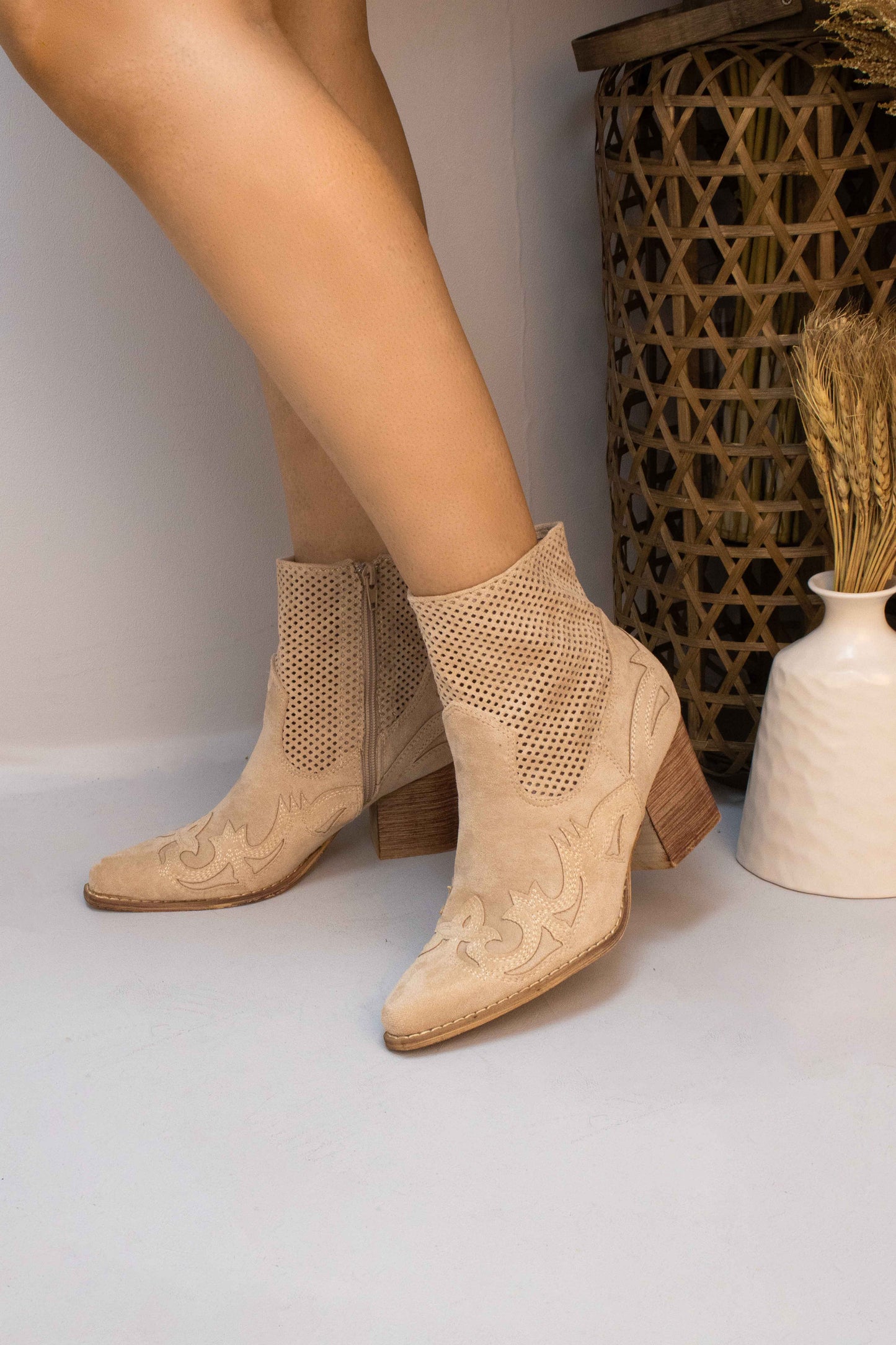 Beige Mesh Embroidered Detail Faux Suede Cowboy Boots
