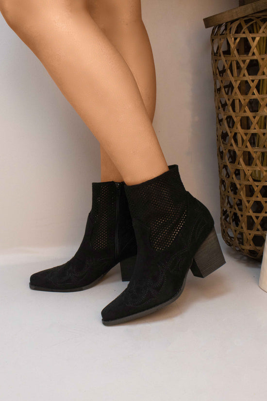 Black Mesh Embroidered Detail Faux Suede Cowboy Boots