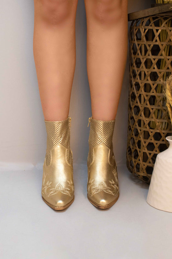 Gold Mesh Embroidered Detail Faux Suede Cowboy Boots