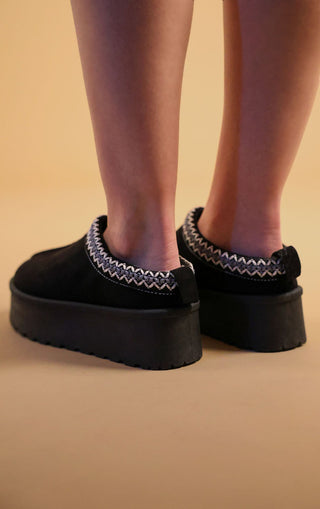 Talliah Suede Embroidered Chunky Platform Slippers Shoes - Black